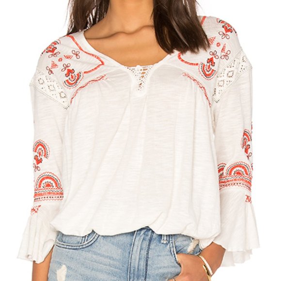 Free People Chiquita Boho Embroidered Top Peasant - Picture 2 of 11
